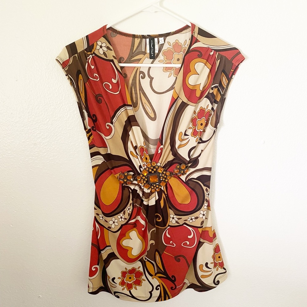 HeartSoul Womens Printed Sleeveless Blouse with Jewels Size Large